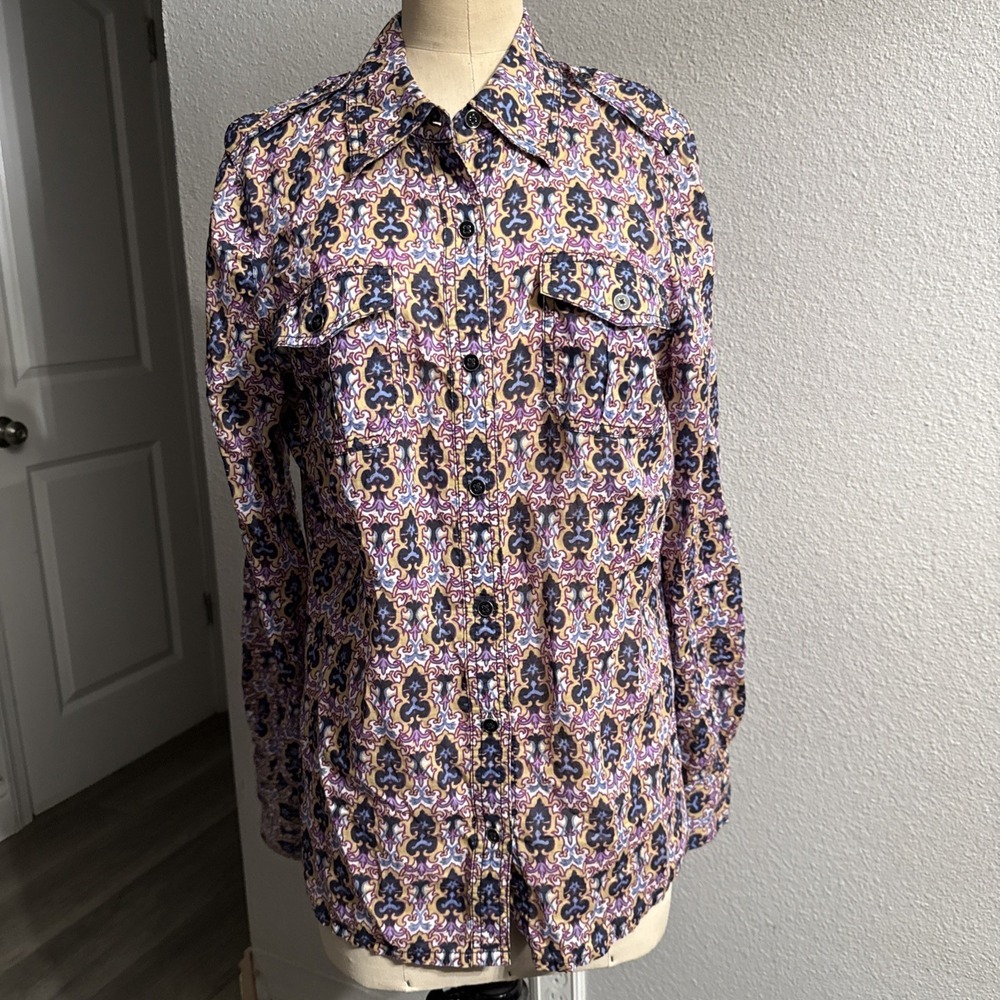 Tory Burch Cotton Demask Kaleidoscope Button Blouse Roll Tab Long Sleeve Sz 10